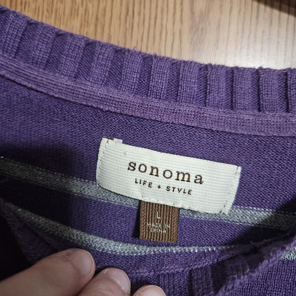 Sonoma Lightweight Knit Sweater Striped Purple / Silver Pullover Size Large! - Picture 2 of 6